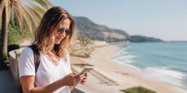 Iemand die aan de kust strandvakanties vergelijkt met een notitie of reisgids